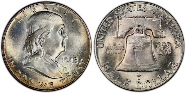 1948 Franklin Half Dollar comparison showing standard reverse versus Full Bell Lines FBL designation — bell base detail