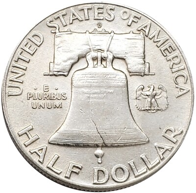 1948-D Franklin Half Dollar reverse showing Full Bell Lines FBL designation — complete horizontal lines at bell base visible