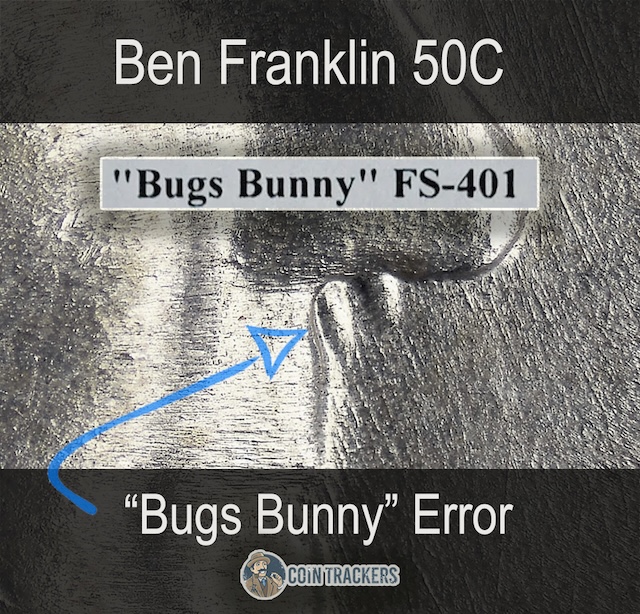 1948 Franklin Half Dollar Bugs Bunny FS-401 die clash variety showing raised mark resembling buck teeth outside Franklin's mouth