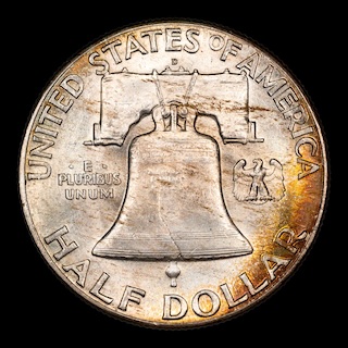 1948-D Franklin Half Dollar DDR FS-801 doubled die reverse showing doubling on reverse lettering near Liberty Bell