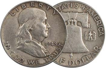 Historical photograph of Philadelphia Mint facility or collection of 1948 Franklin Half Dollars in multiple grades