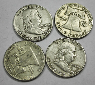 1948 Franklin Half Dollar grading strip showing four condition tiers from worn Good/VF through gem MS-66 FBL